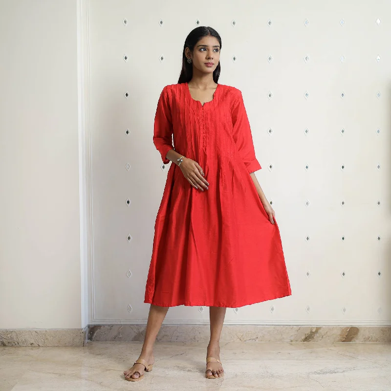 Rosie Red Slub Silk Plain Dress