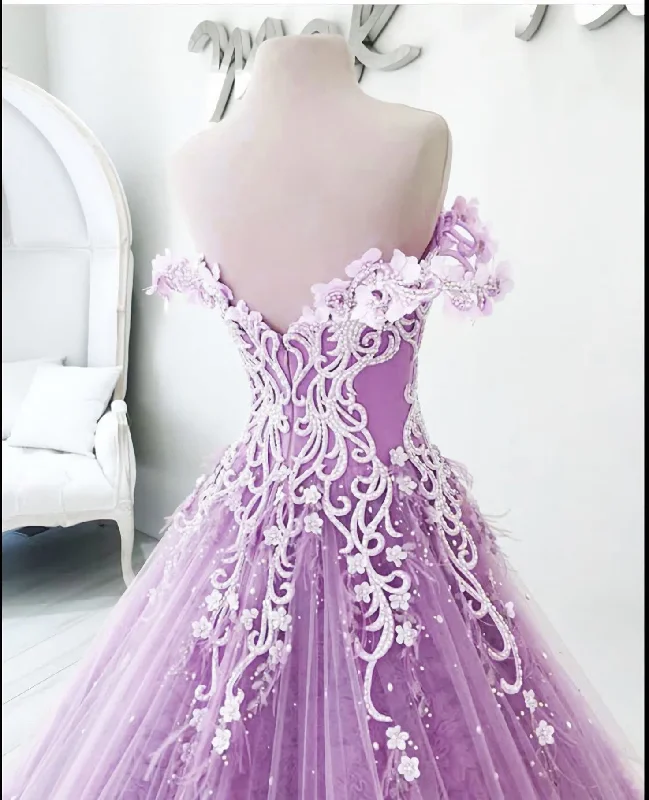 Off The Shoulder Lilac Appliques Floor Length Prom Dresses