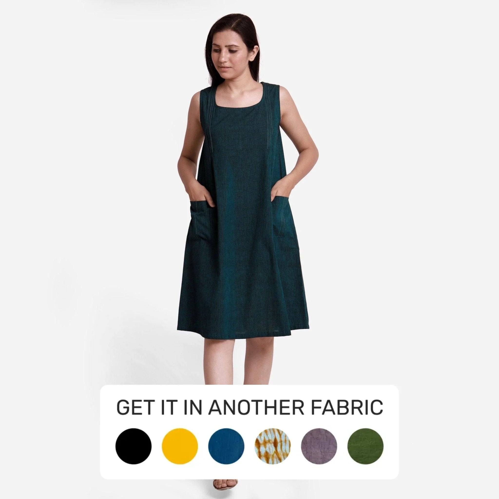 Bottle Green Cotton Muslin Sleeveless Knee Length Dress