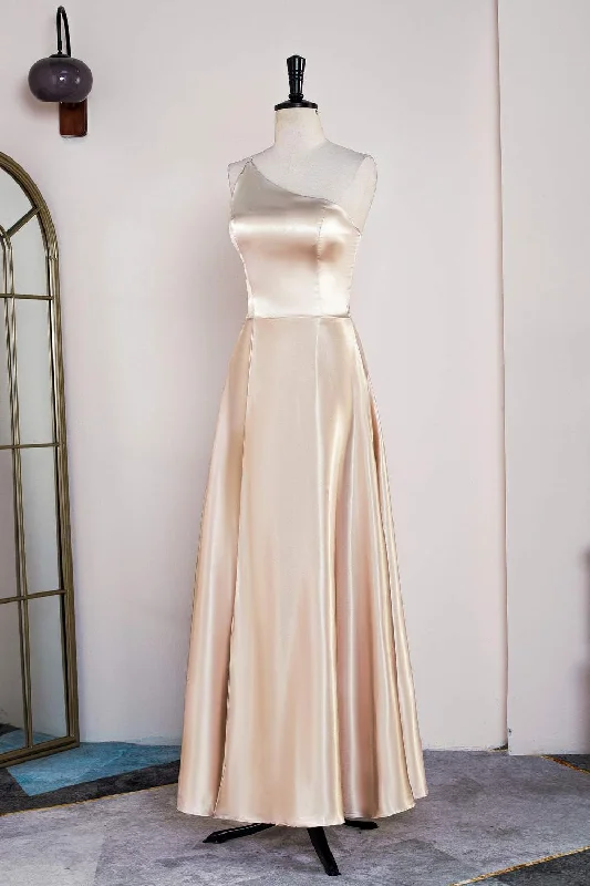 Champagne One Shoulder A-line Satin Tea Length Bridesmaid Dress