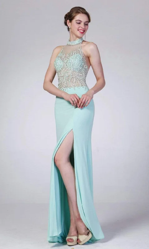 Cinderella Divine - 8741 Illusion High Halter Sheath Gown