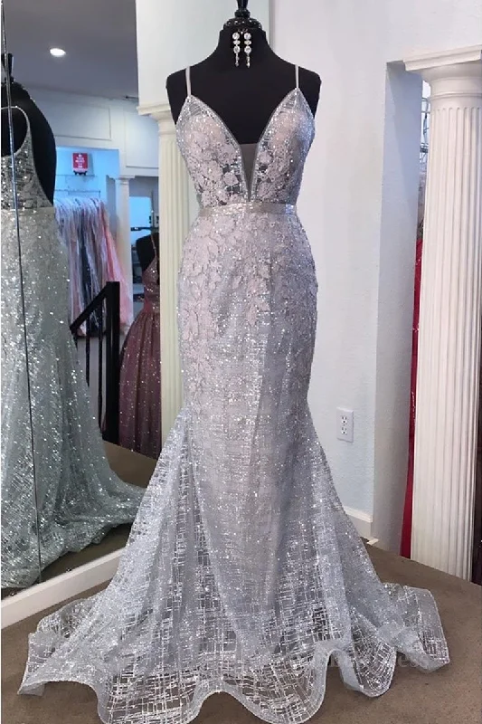 Gorgeous V Neck Mermaid Backless Silver Gray Corset Prom Dress, Mermaid Silver Gray Corset Formal Dress, Backless Silver Gray Evening Dress outfit