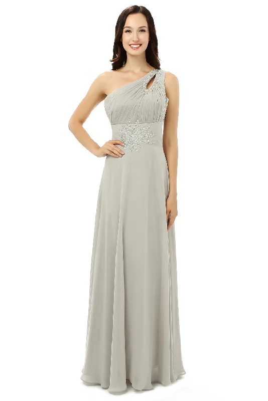 Grey One Shoulder Chiffon Pleats Beading Corset Bridesmaid Dresses LG0254 outfits