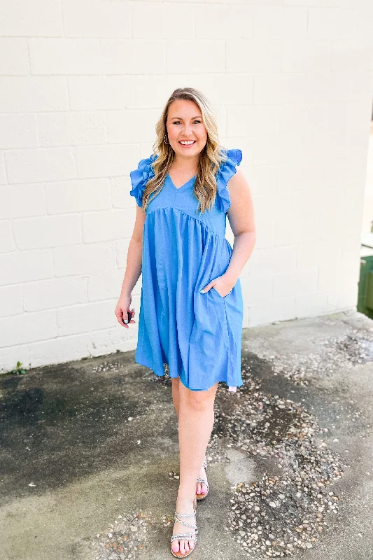 Want The Best Ruffle Sleeve Dress, Blue