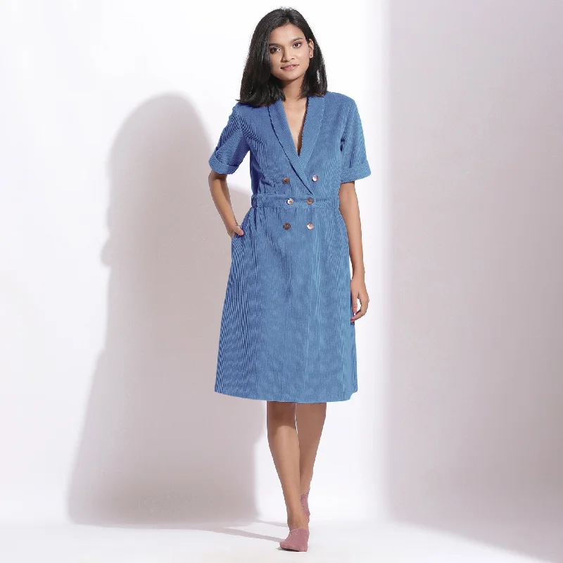 Ice Blue Warm Cotton Corduroy Knee Length Coat Dress