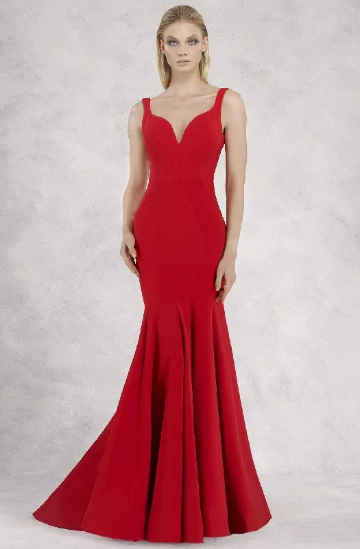 Janique - JQ1820SC V-Neck Crepe Fit And Flare Gown