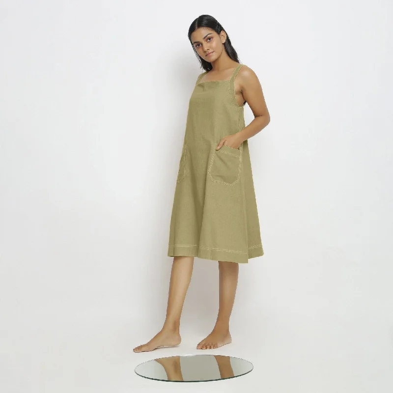 Khakhi Green Handspun Cotton Knee Length Slip Dress