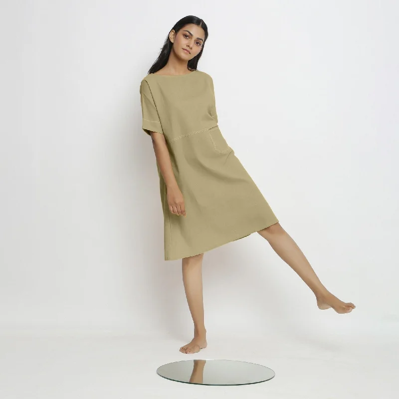 Khakhi Green Handspun Cotton Knee Length Yoked Dress