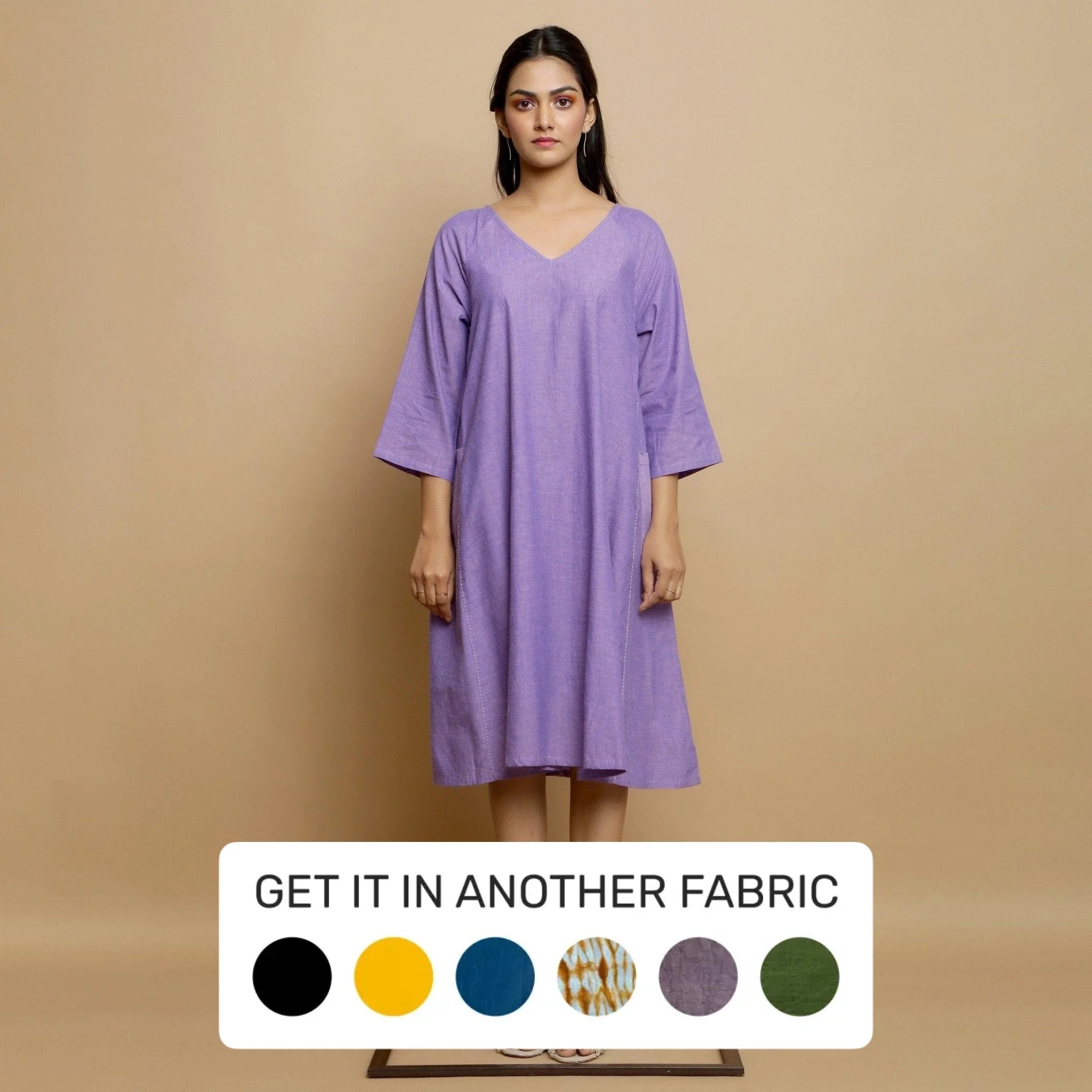 Lavender Mangalgiri Cotton Knee Length Godet Dress