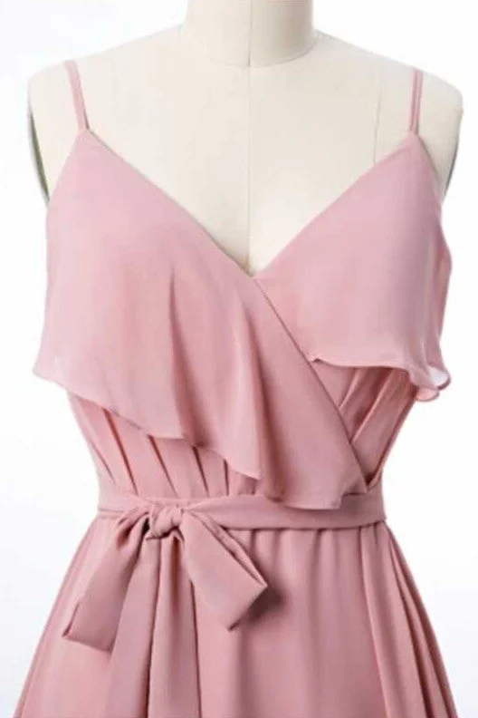 Mauve Pink Chiffon Spaghetti Straps Ruffled A-Line Bridesmaid Dress