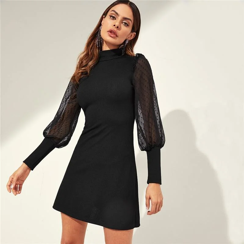 Mesh Sleeve Mock-neck Frill Dress