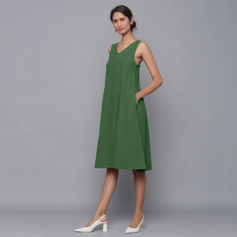 Moss Green Warm Cotton Corduroy Knee Length Flared Dress