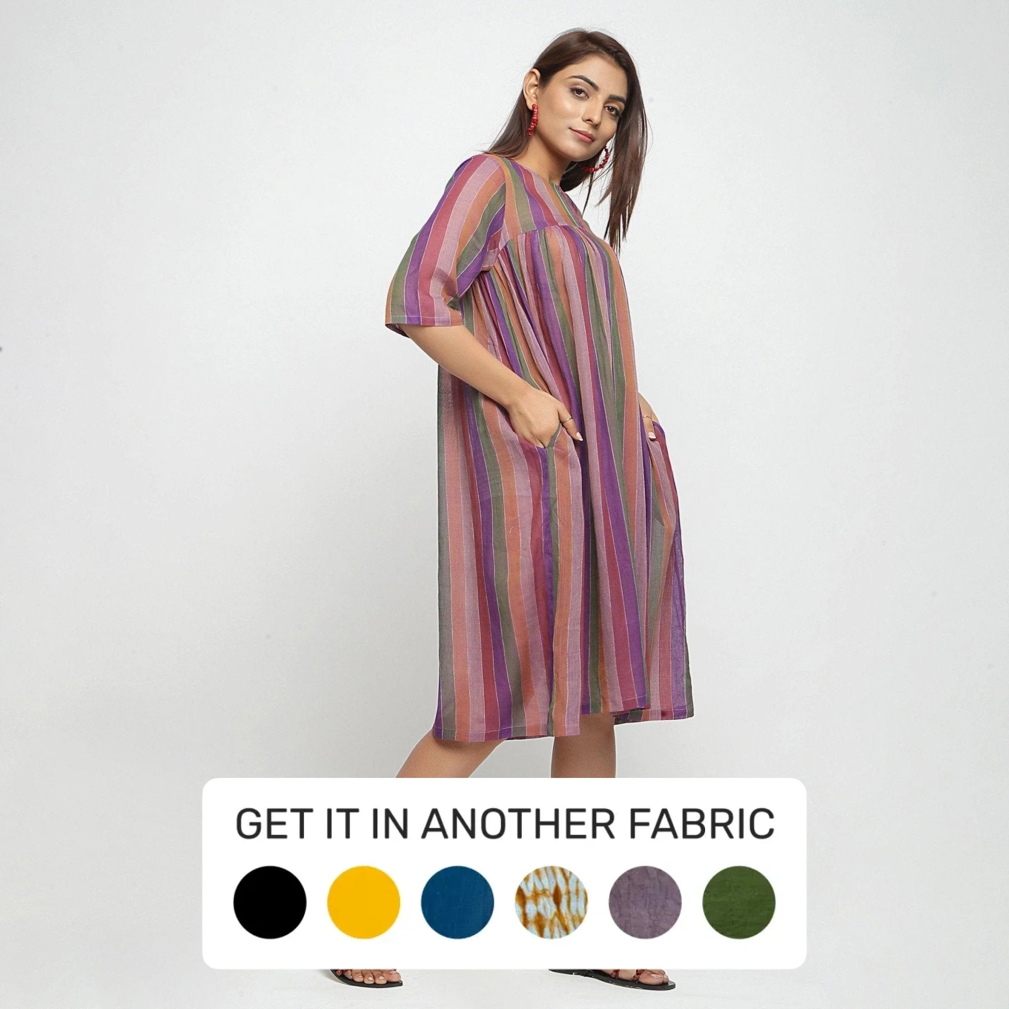 Multicolor Striped Handwoven Cotton Round Neck Yoked Dress