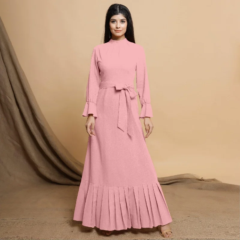 Pink Cotton Flax Crew Neck Floor Length Tier Dress