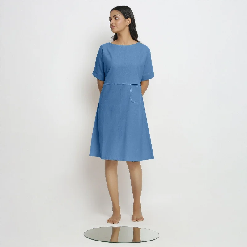 Powder Blue Handspun Cotton Knee Length Yoked Dress