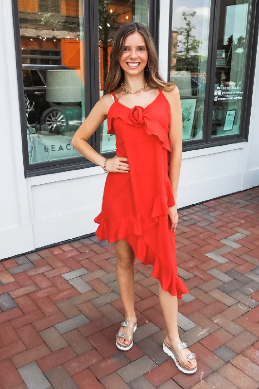 Ruffle Rosette Dress - Red