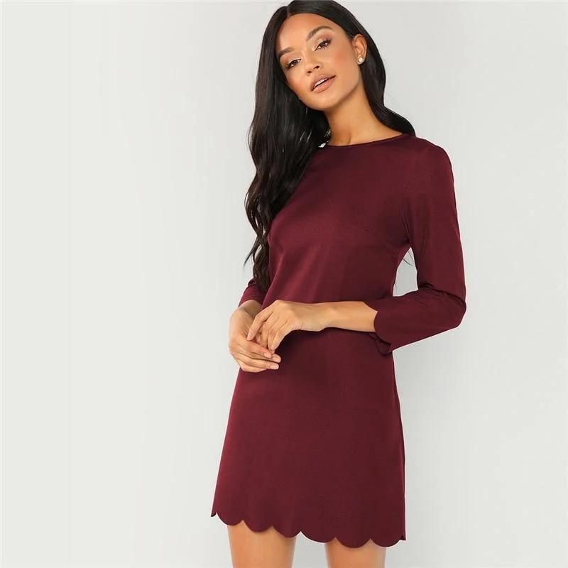 Scallop Trim Tunic Round Neck Dress