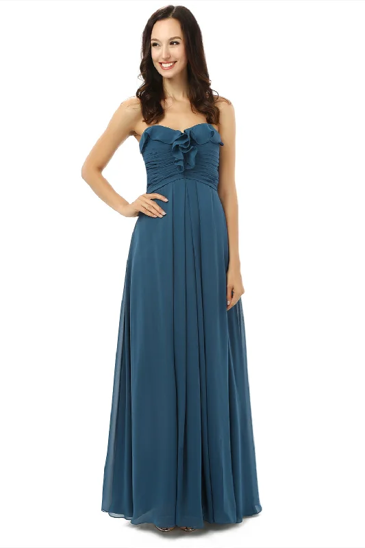 Simple Navy Blue Chiffon Sweetheart Floor Length Corset Bridesmaid Dresses outfit