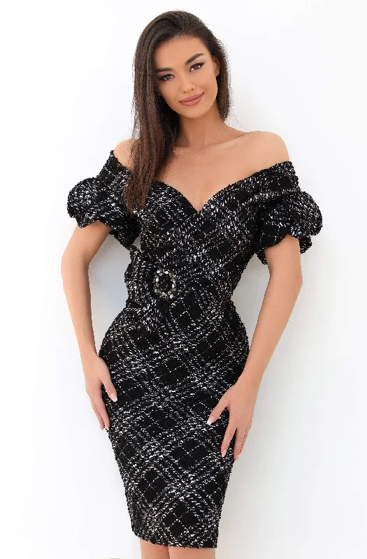 Tarik Ediz - 93853 Embellished Off Shoulder Sheath Dress