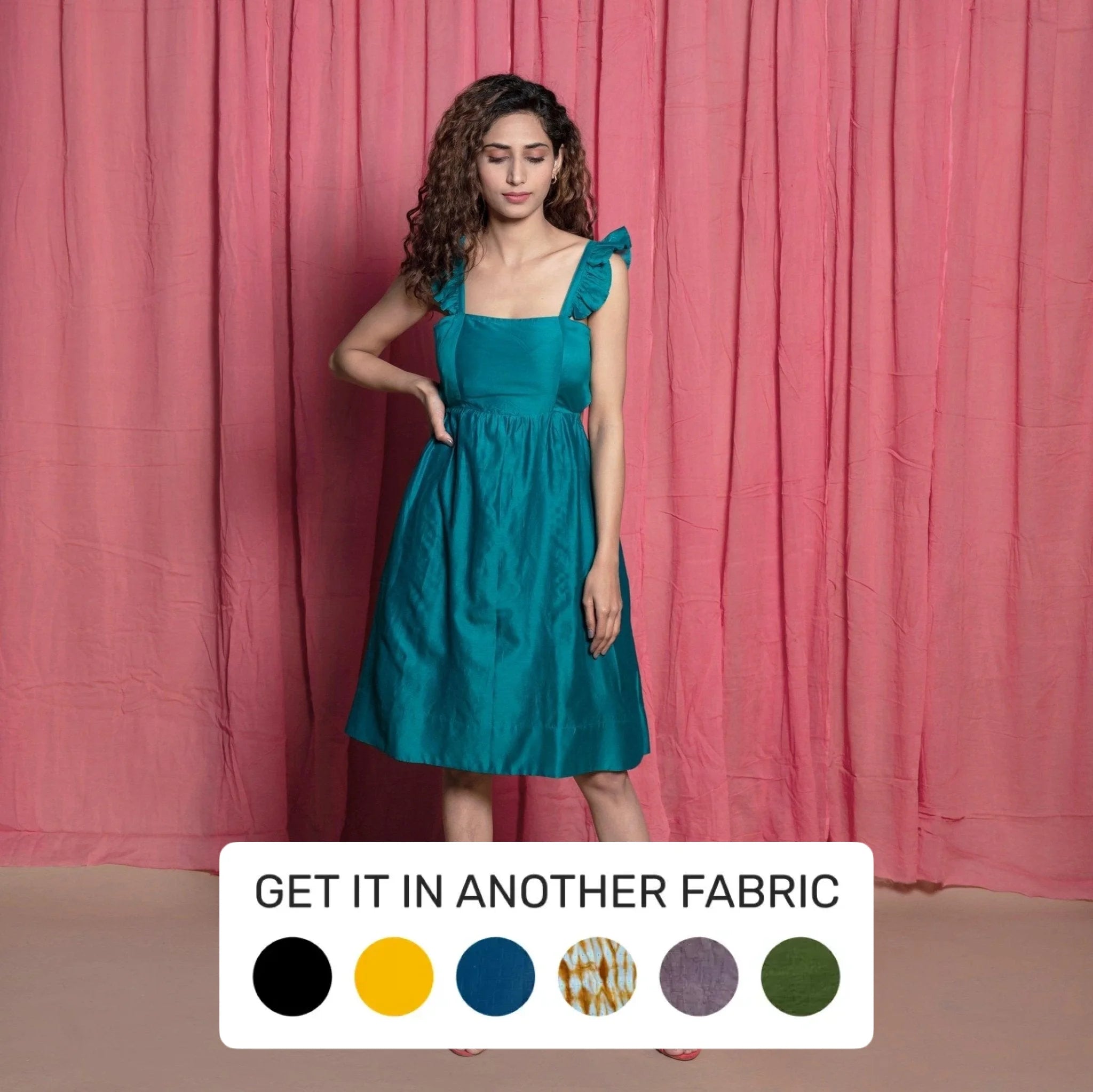 Teal Cotton Chanderi Knee Length Fit and Flare Dress