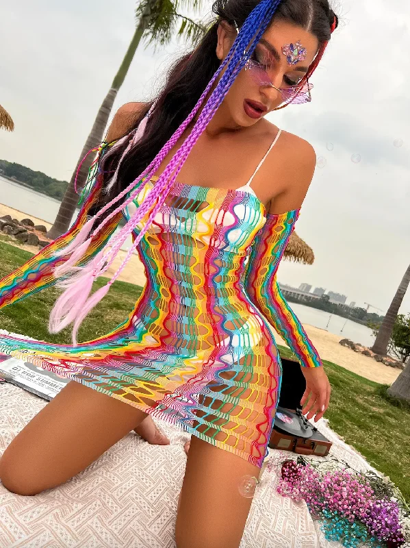 Women's Summer Rainbow Lingerie Fishnet Bodysuit Dress