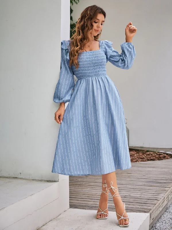 Women's Summer Ruffle Lantern Sleeved Stripes Blue Dress