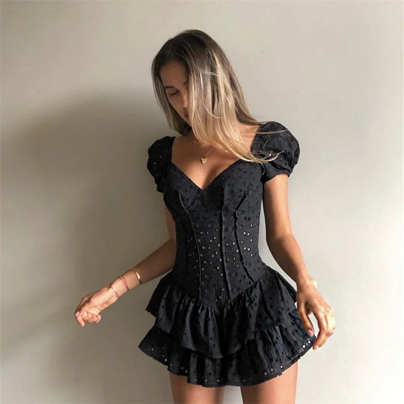 Women's Summer/Spring Pleated Puff Sleeve V-Neck Dress with Ruffles