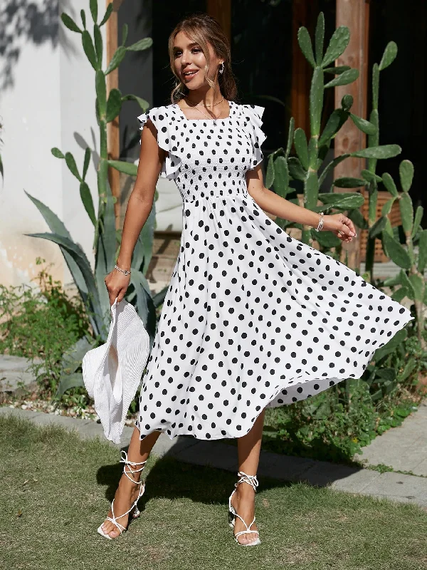 Women's Summer Square Collar Polka Dot White Dress