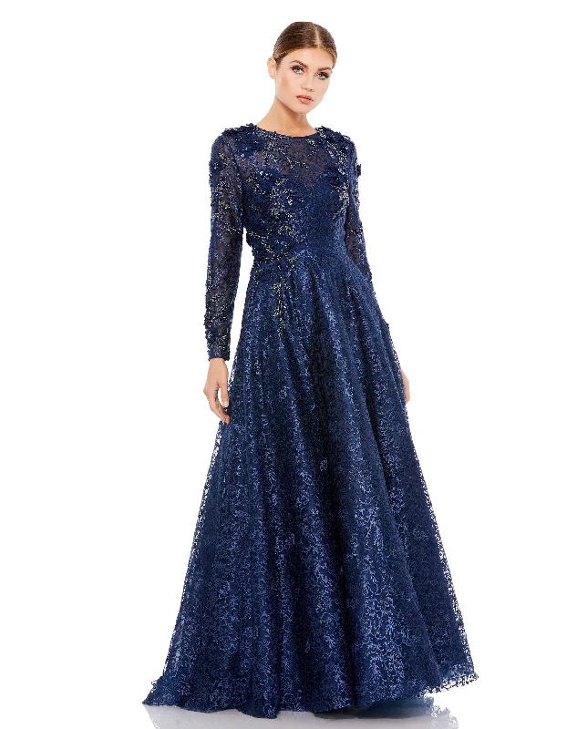 Embellished Illusion Long Sleeve A Line Gown