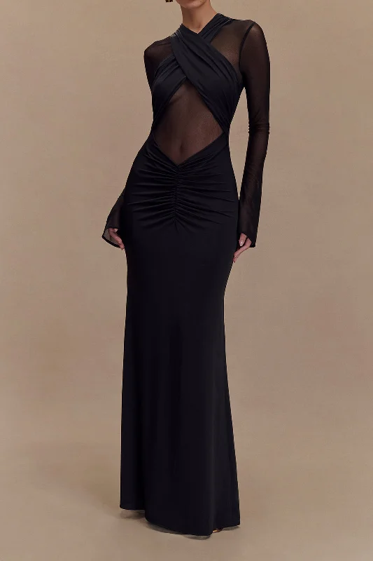 Crossed Mesh Sheer V-Neck Long Sleeve Maxi Dress