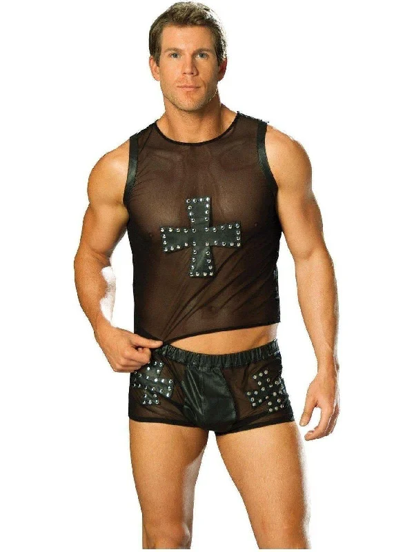 Elegant Moments EM-L9284 Mesh tank top with leather cross trimmed in nail heads