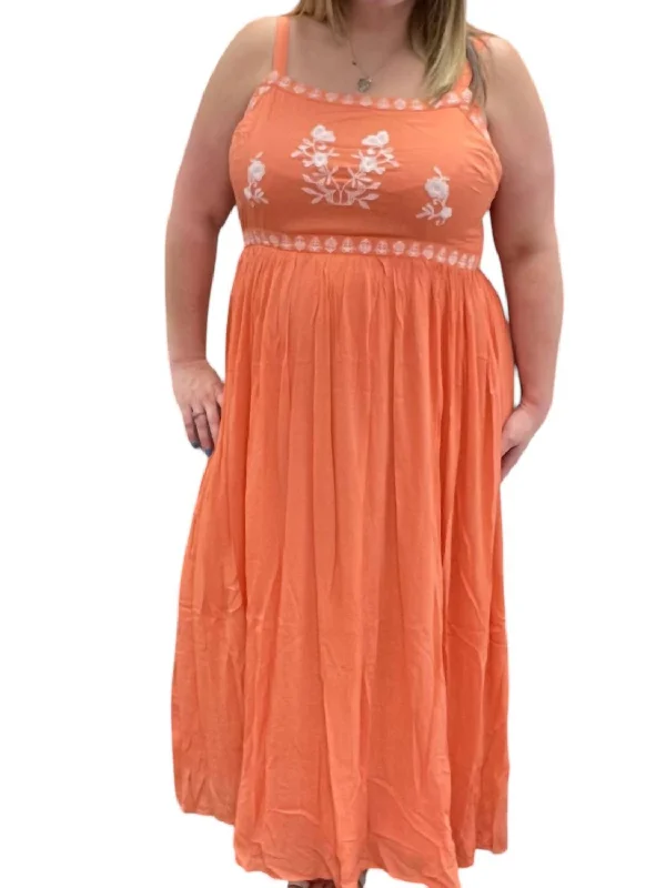 Embroidered Front Tank Dress In Orange