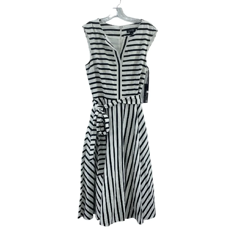 NWT Tahari White Black Striped Belted Midi Fit & Flare Dress Women’s Size 8