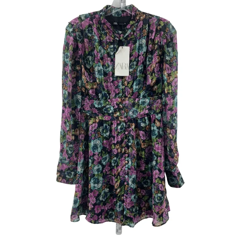 Zara Black Pink Floral Women's Midi Dress XS Fit & Flare Blouson NWT