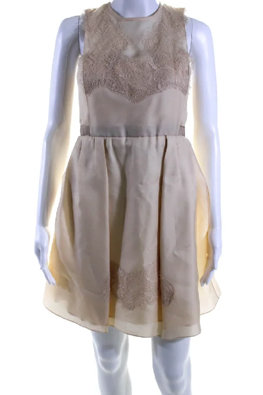 Carven Womens Lace Detail Sleeveless A Line Dress Beige