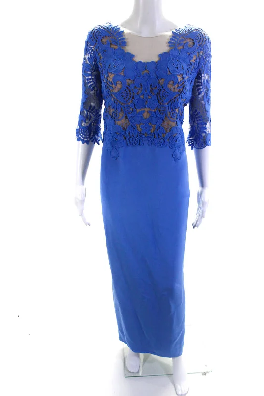 Cristina Ottaviano Womens Lace Yoke 3/4 Sleeve Illusion Gown Dress Blue