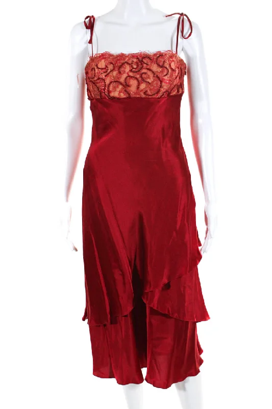 Rafael Cennamo Womens Spaghetti Strap Lace Beaded Trim Silk Dress Red