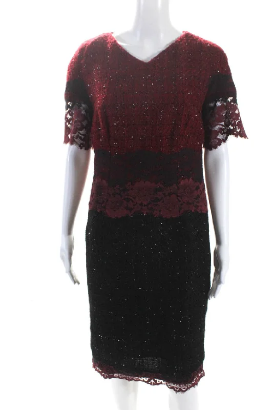 Talbot Runhof Womens Tweed Lace V Neck Short Sleeves Dress Red Black