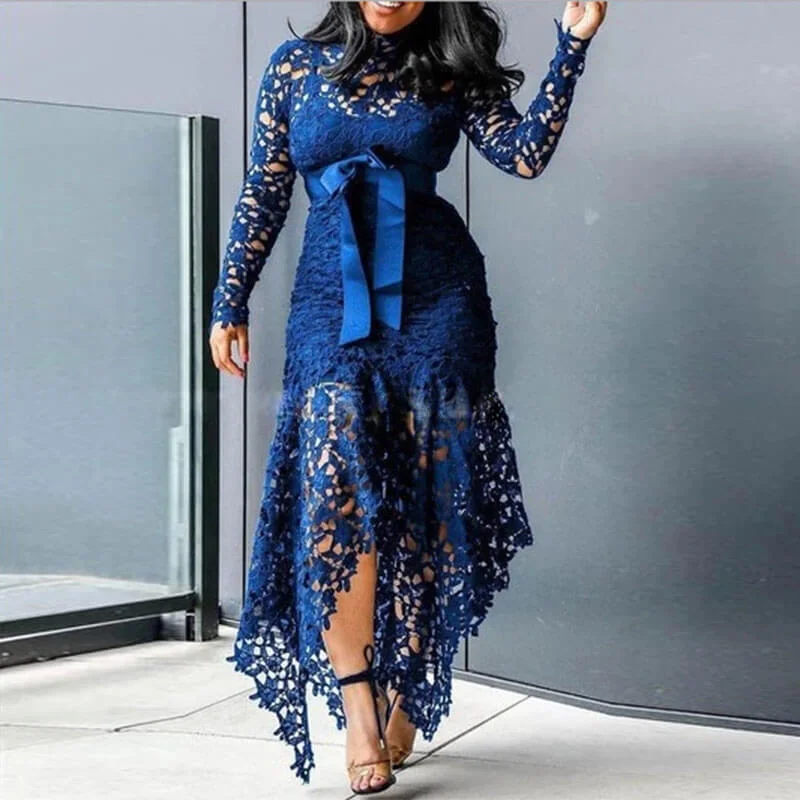 Tie Waist Asymmetric Lace Long Dress