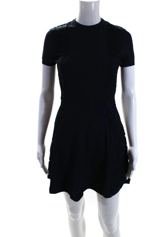 Valentino Womens Navy Blue Lace Trim Short Sleeve Fit & Flare Dress